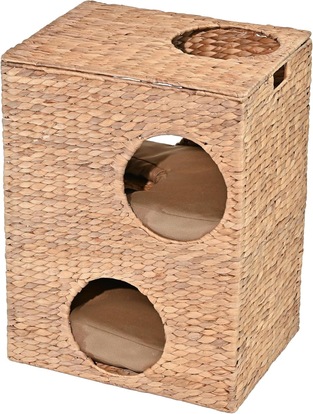 CHS1000A Jaxon 18" Modern Classic 2-Tier Handwoven Hyacinth Rectangular 5-Hole Cat Condo with 2 Machine-Washable Cushions, Natural