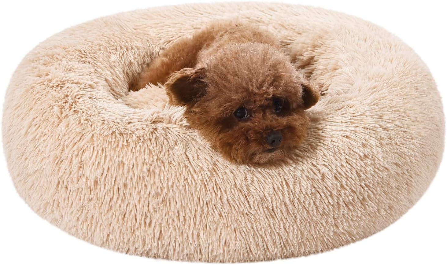 Washable Donut Pet Bolster Faux Fur Bed with Removable Cover, Anti-Slip Bottom for Dog, Beige, 23" X 23"
