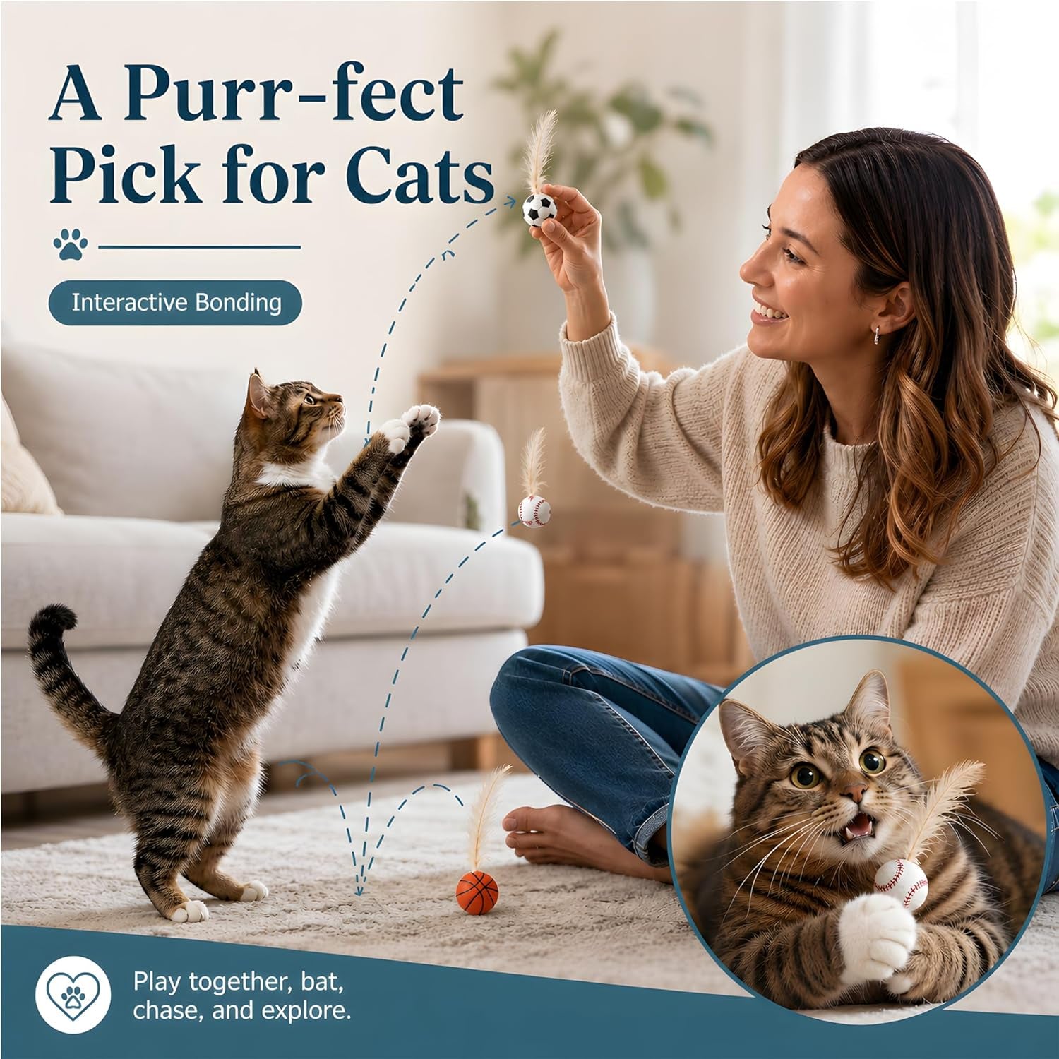 Bouncy Cat Feather Ball Toys – 6 Pack Interactive Silicone Bouncing Balls for Indoor Cats & Kittens, Durable Active Play Toy