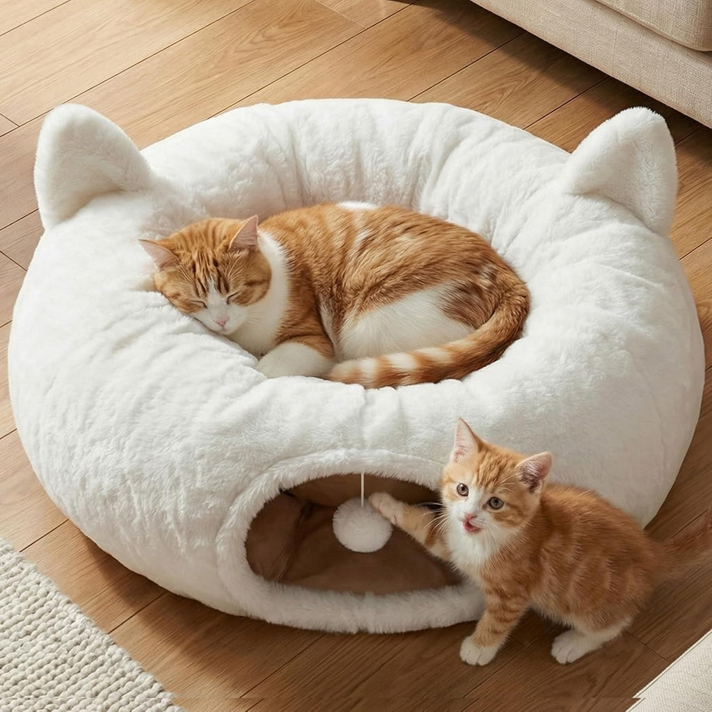 Cat Tunnel Bed for Indoor Cats, Soft Plush round Peekaboo Cat Bed Cave with Washable Cushion, under Cristmas Tree Cat Donut Tunnel Toys for Kitten Rabbit Puppy (White)