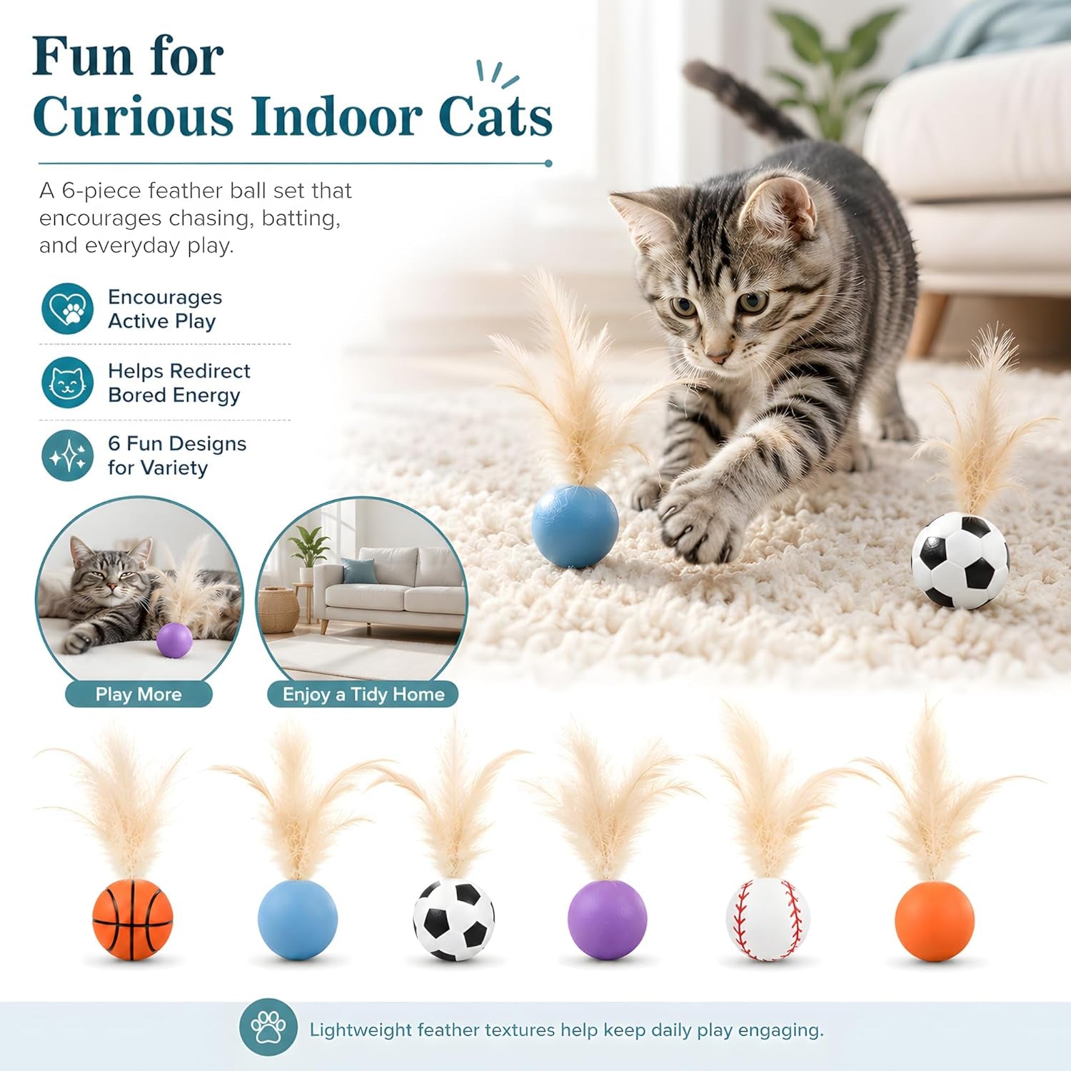 Bouncy Cat Feather Ball Toys – 6 Pack Interactive Silicone Bouncing Balls for Indoor Cats & Kittens, Durable Active Play Toy
