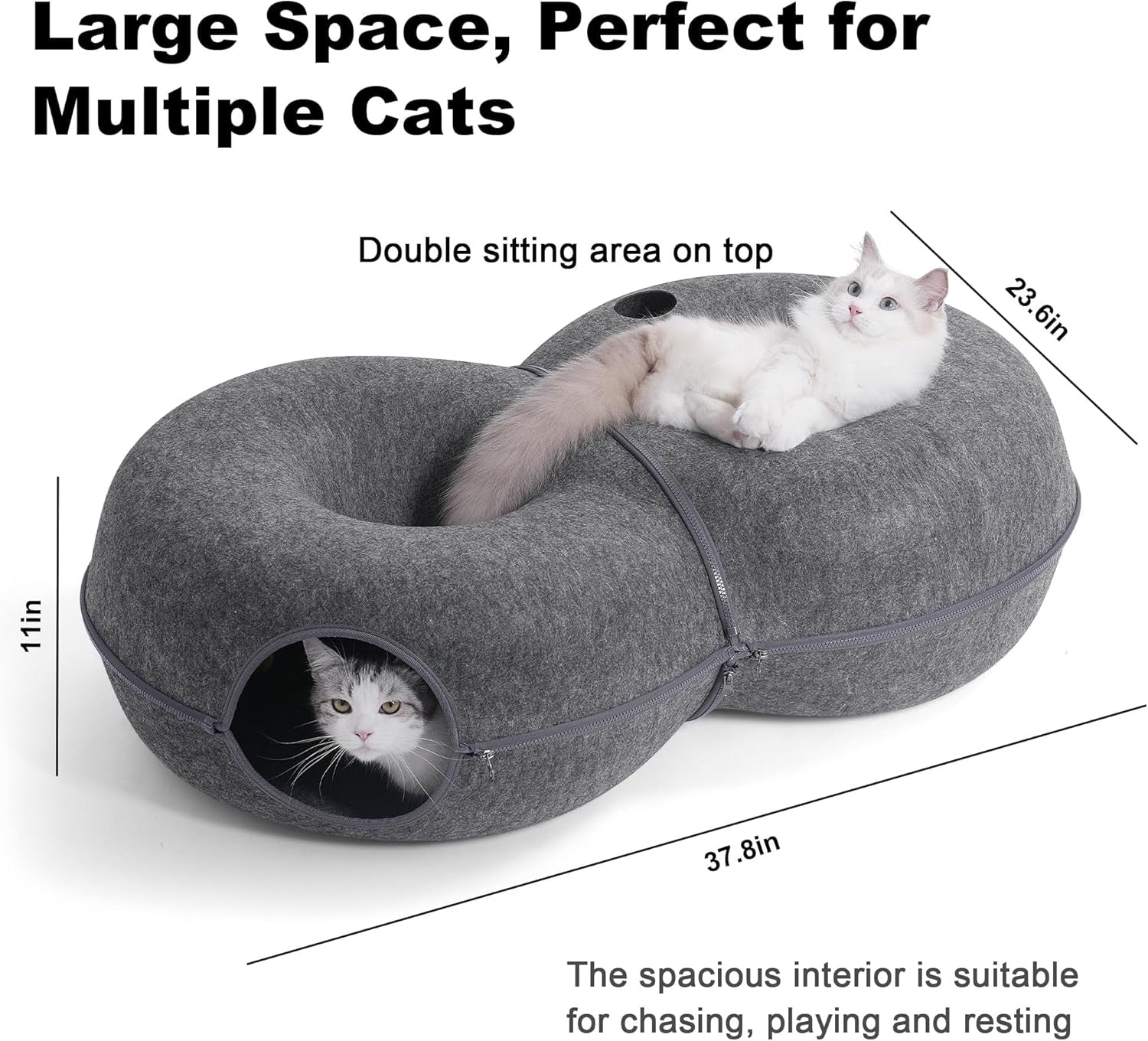 8-Shaped Large Cat Tunnel Bed for Indoor Cats, Infinite Circulation Peekaboo Cat Cave with 12 Toy Balls, Cat Donut Tunnel for Cats up to 30 Pounds (Dark Grey, L 38X24X11In)
