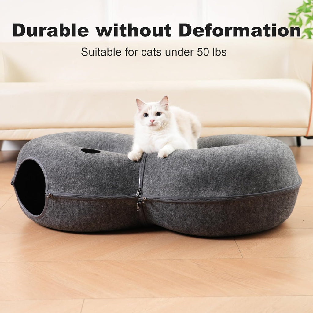 8-Shaped Large Cat Tunnel Bed for Indoor Cats, Infinite Circulation Peekaboo Cat Cave with 12 Toy Balls, Cat Donut Tunnel for Cats up to 30 Pounds (Dark Grey, L 38X24X11In)