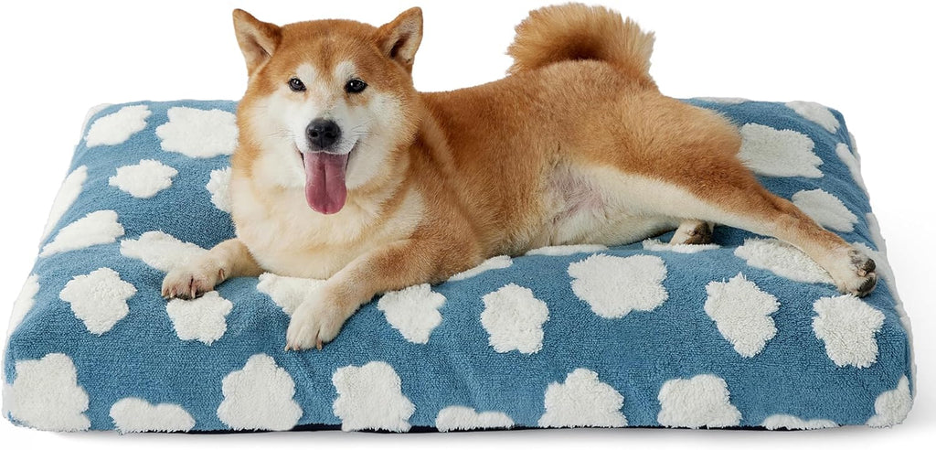 Cute Large Dog Bed for Crate-Thick Shredded Chopped Foam Pet Bed Indoor with Removable Washable Cover, Modern Fuzzy Plush & anti Slip Bottom, Blue