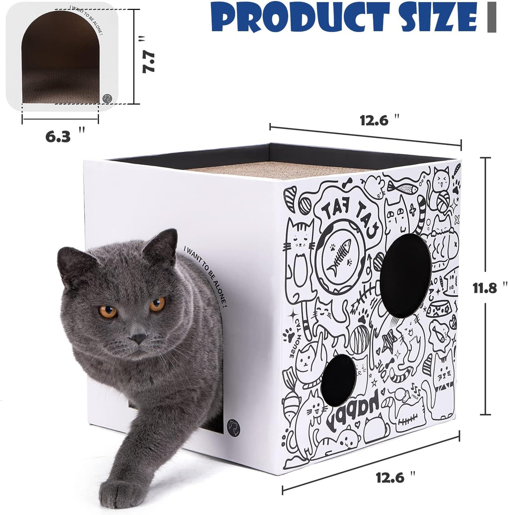 Cardboard Cat House with 2 Story Scratch Pads - Cat Play House for Indoor Cats - Corrugated Scratcher Box - Hideout for Small Animals