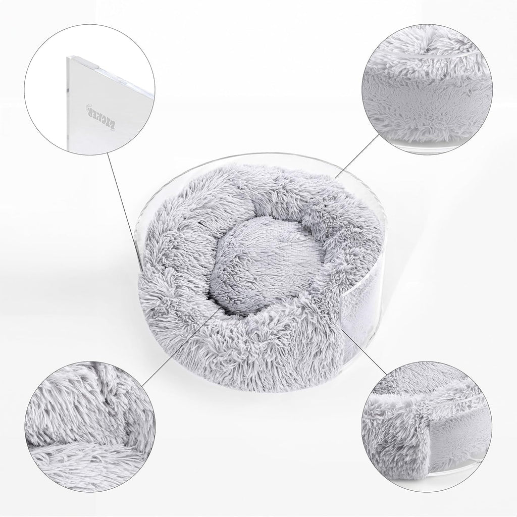 CBD2000A Bette 20.75" X 20.75" Small/Medium Modern Lucite Calming Fluffy Donut Pet Bed with Washable Cover, Light Gray/Clear