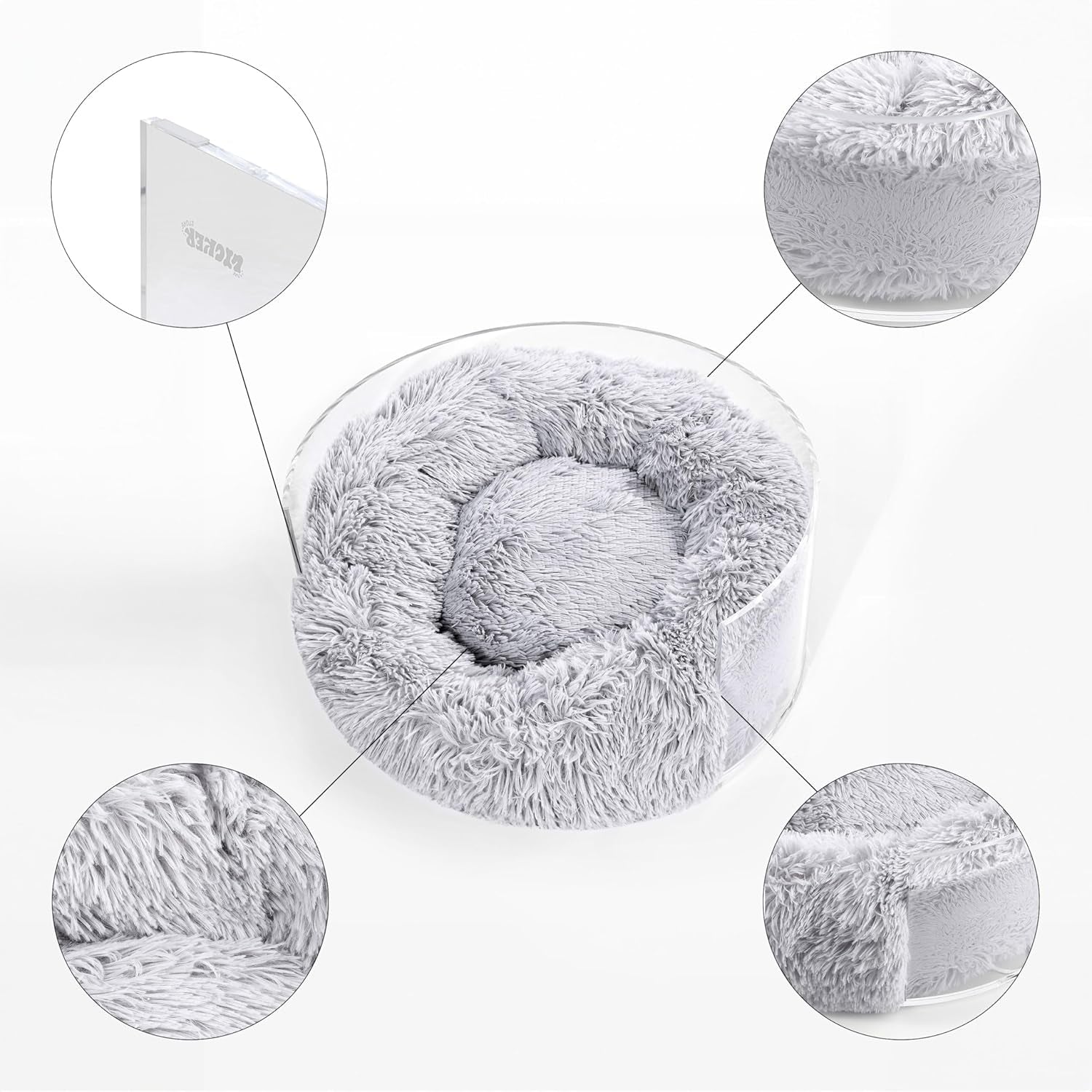 CBD2000A Bette 20.75" X 20.75" Small/Medium Modern Lucite Calming Fluffy Donut Pet Bed with Washable Cover, Light Gray/Clear