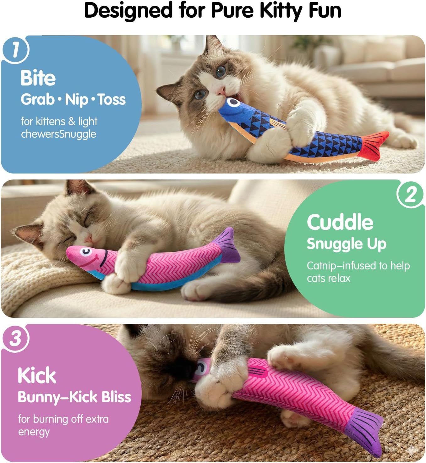 Cat Toys With[5000Mg A+Natural Catnip &Silvervine] [Baby Grade] Interactive Soft Chew Kicker Cat Toys for Indoor Cats & Kittens, [Crinkle &Bell] Fish Sound Toy, Drives Bored Cat Crazy with Fun