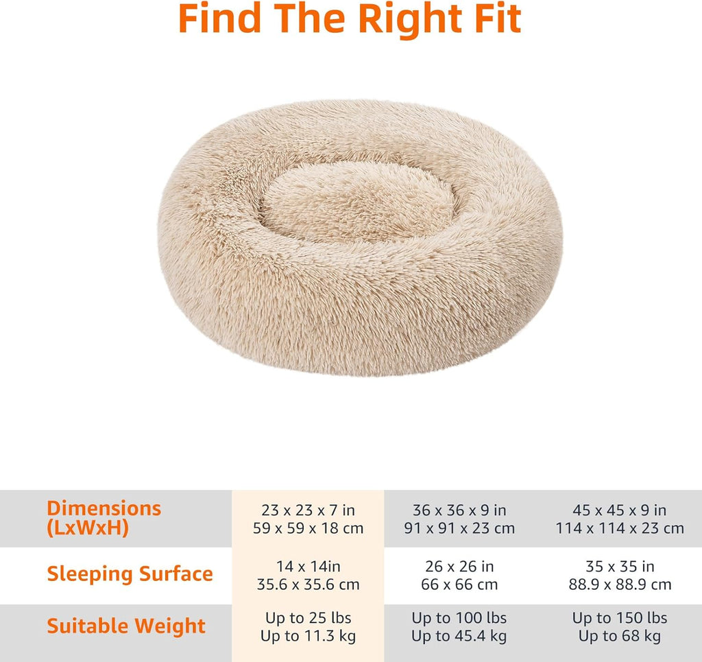 Washable Donut Pet Bolster Faux Fur Bed with Removable Cover, Anti-Slip Bottom for Dog, Beige, 23" X 23"