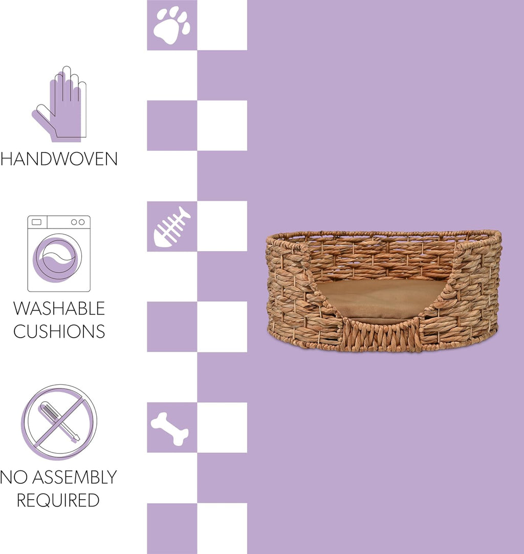 DBD4001A Perri 24" X 18" Classic Farmhouse Handwoven Hyacinth Oval Pet Bed with Machine-Washable Cushion, Natural