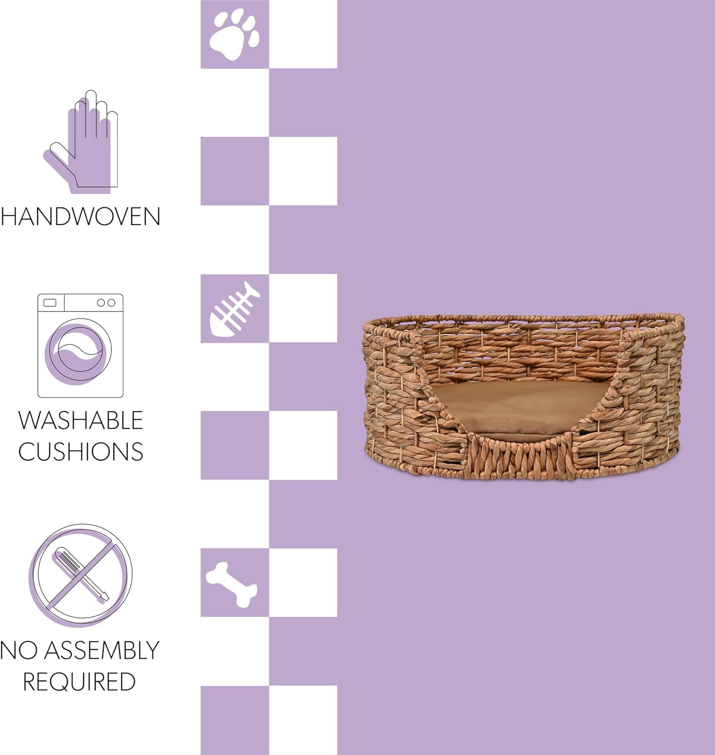 DBD4001A Perri 24" X 18" Classic Farmhouse Handwoven Hyacinth Oval Pet Bed with Machine-Washable Cushion, Natural