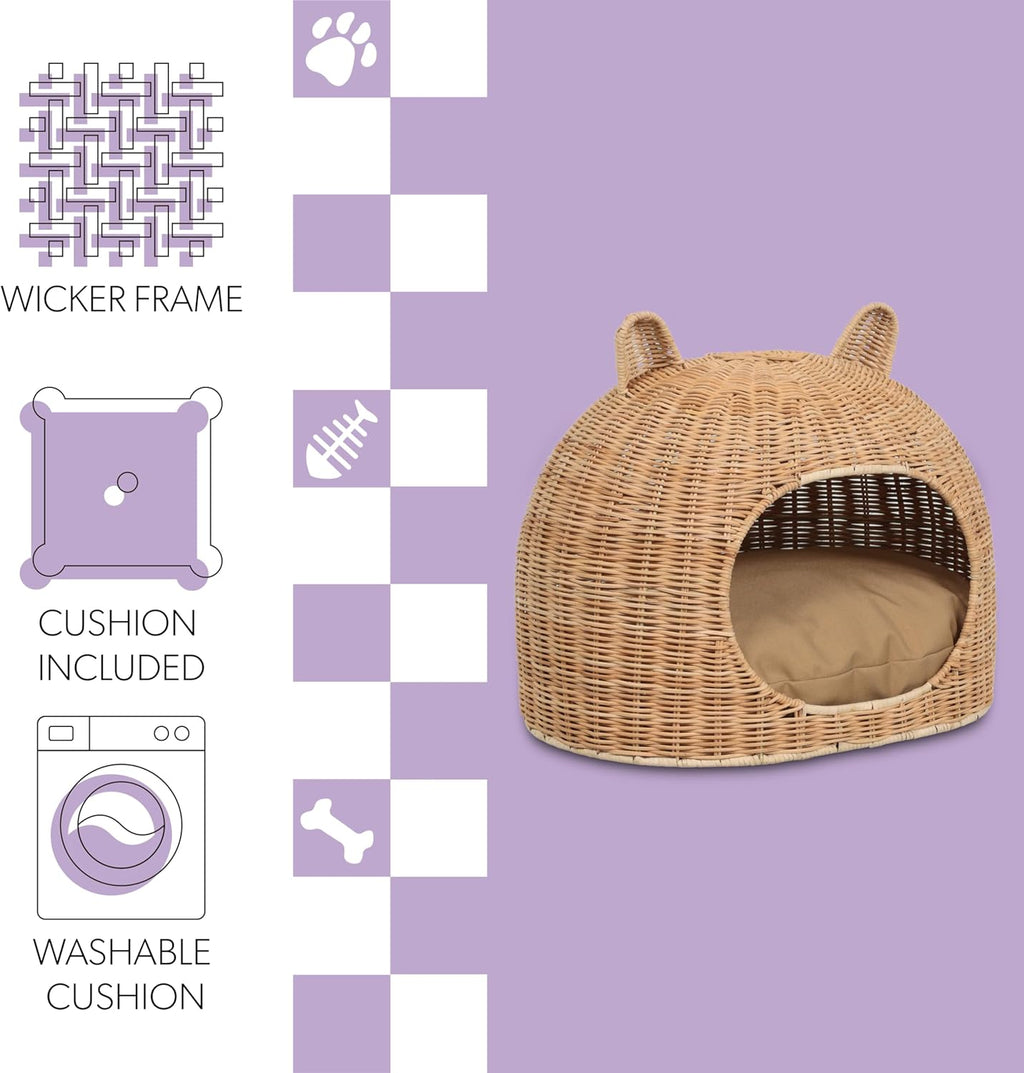 CBD1000B Cat Ear 20" X 14.5" Handwoven Water Hyacinth Pet Bed, Wicker Cat Hideaway Dome with Machine-Washable Cushion, Coastal Woven Pet House for Cats and Small Dogs, Light Brown