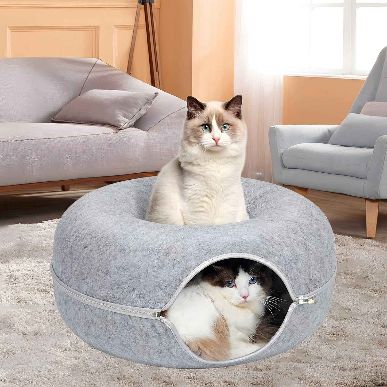 24Inch-Tunnel Bed for Indoor,Cattasaurus Peekaboo Cat Cave for Multiple,Detachable Felt Felt Washable Interior for Indoor Cats,Donut Tunnel (Light Gray)