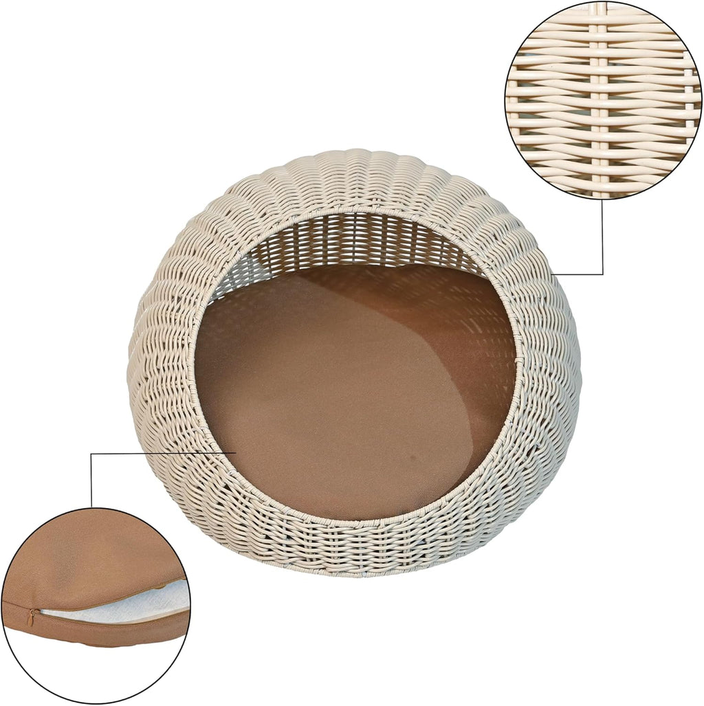 CBD3000C Fiora 19.5" X 18" Modern Circular Faux Wicker Pet Bed with Machine-Washable Cushion, Cat Beds for Indoor Cats, White