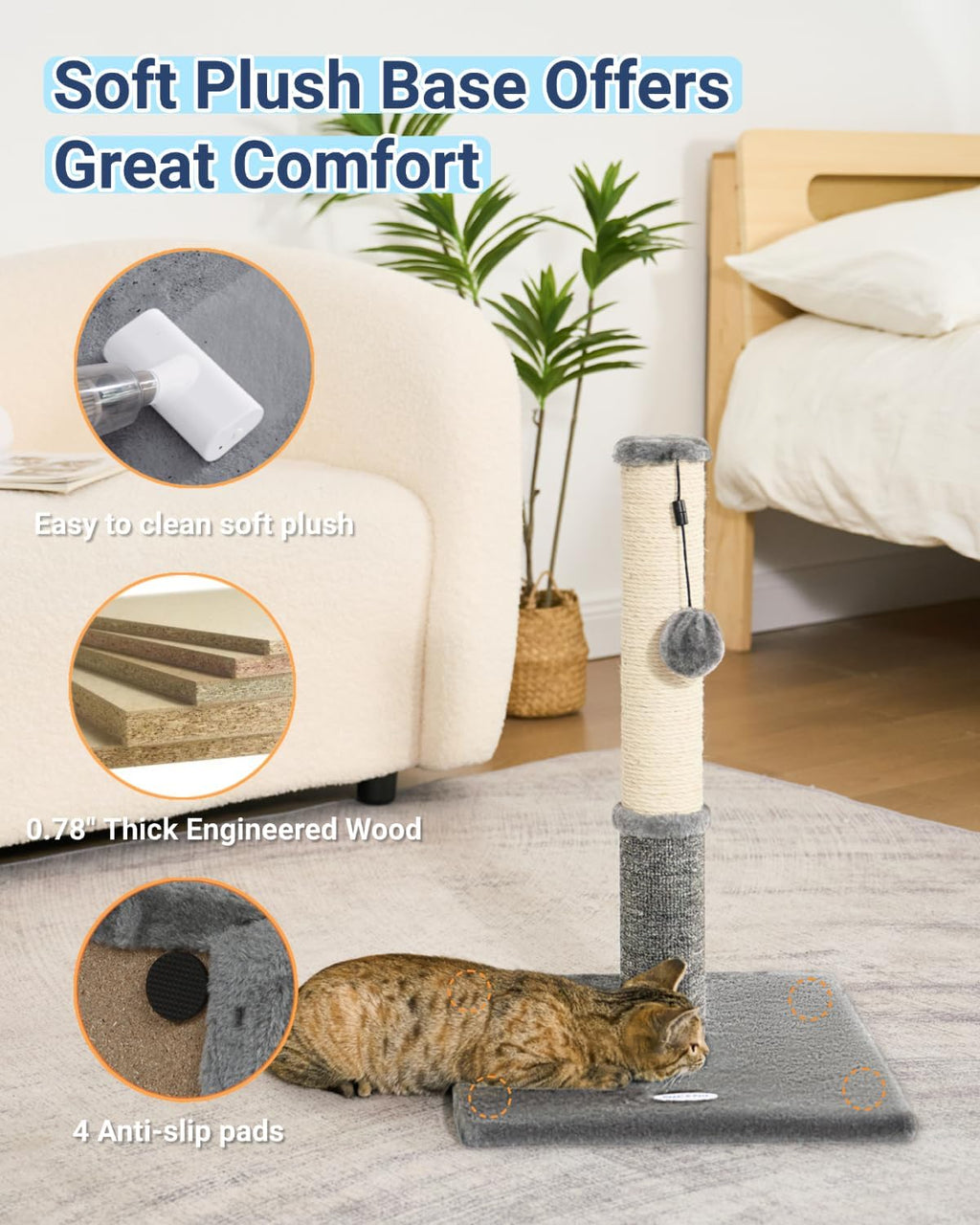 Cat Scratching Post, Cat Scratcher for Indoor Cats, Sisal Scratching Post & Carpet Post in One, Stable Kitten Scratching Post with Replaceable Toy, Extra Free Toy, Light Gray