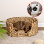 DBD4001A Perri 24" X 18" Classic Farmhouse Handwoven Hyacinth Oval Pet Bed with Machine-Washable Cushion, Natural