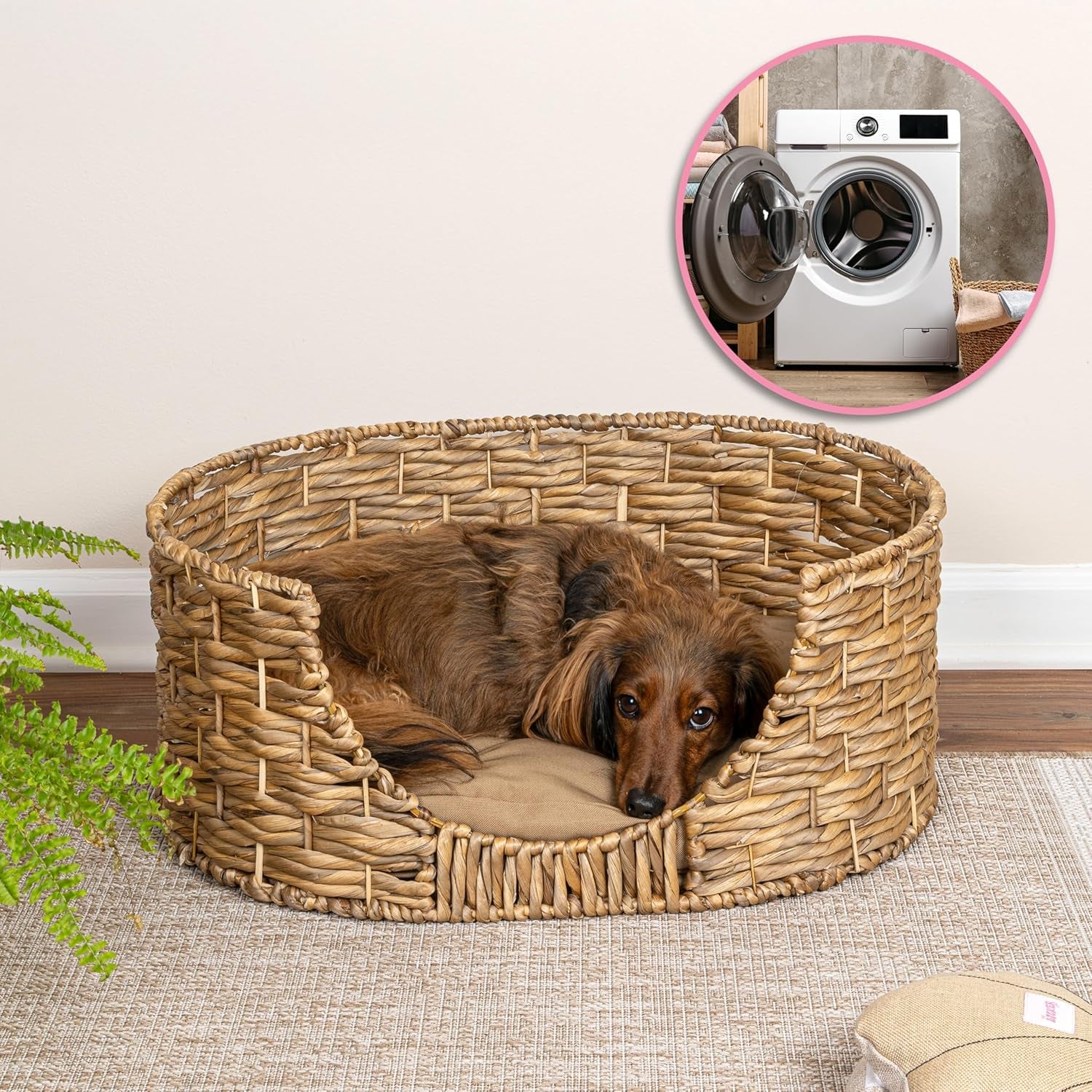 DBD4001A Perri 24" X 18" Classic Farmhouse Handwoven Hyacinth Oval Pet Bed with Machine-Washable Cushion, Natural