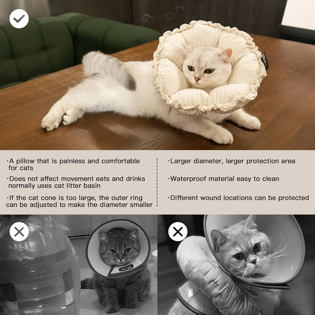 Soft Cat Cone Collar， Cute Adjustable Cat Recovery Collar，Elizabethan E Collar That Can Protect Head and Foot Wounds，Egg White Flower All-Season Style