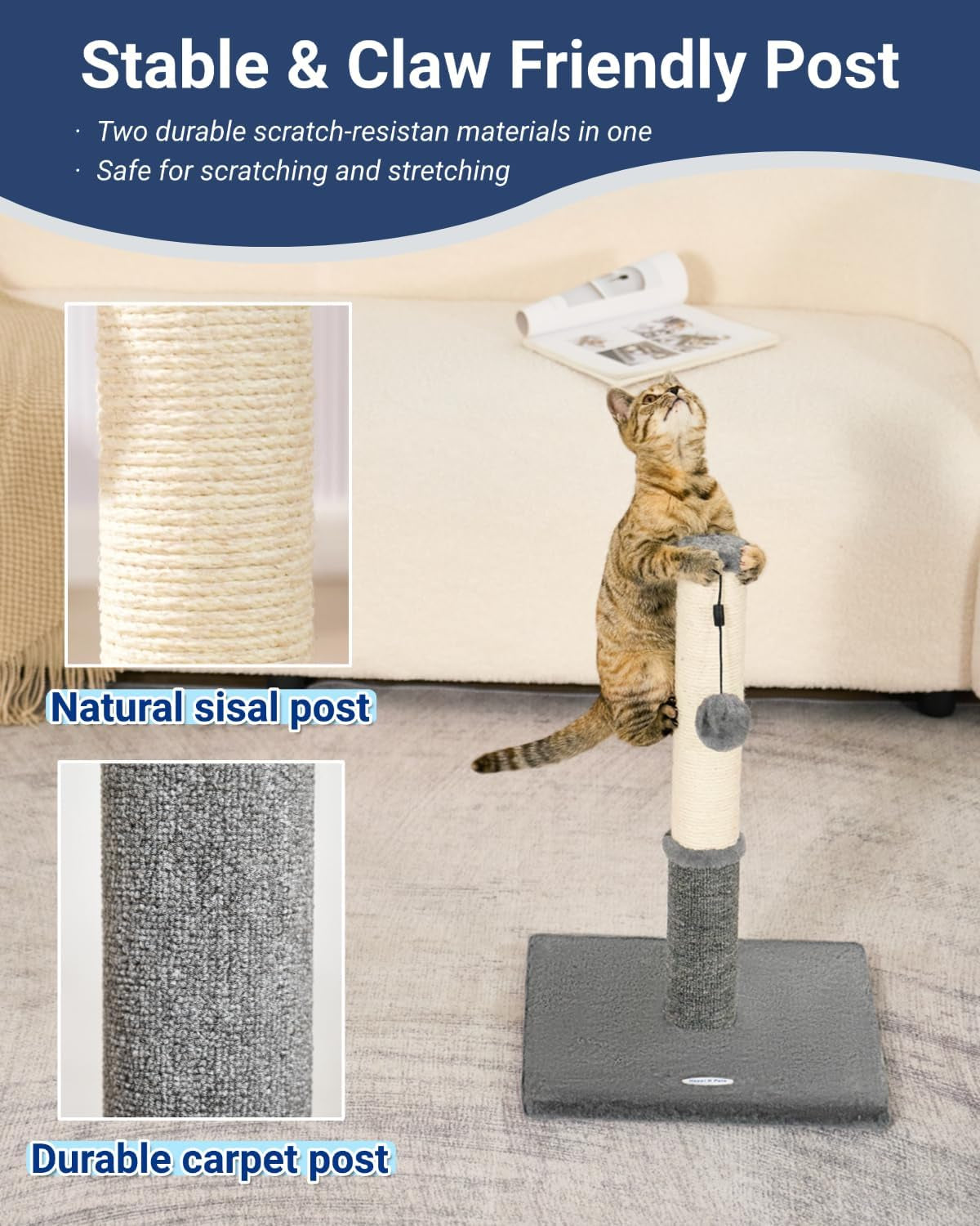 Cat Scratching Post, Cat Scratcher for Indoor Cats, Sisal Scratching Post & Carpet Post in One, Stable Kitten Scratching Post with Replaceable Toy, Extra Free Toy, Light Gray