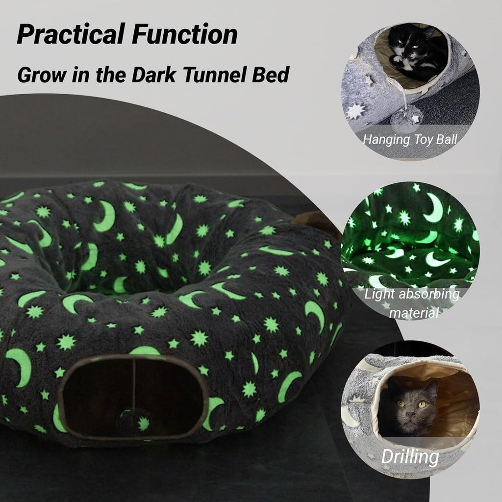 Cat Tunnel Bed under Christmas Tree with Plush Ball Toy Playground Crinkle Collapsible Self-Luminous Flannel Fabric 3FT for Large Cats Kittens Kitty Small Animals Puppy Grey Moon Star
