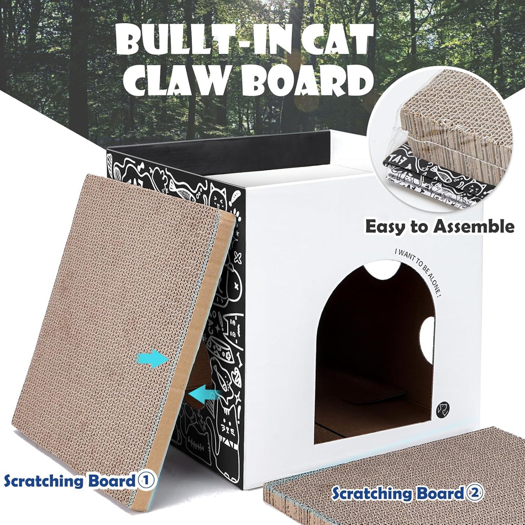 Cardboard Cat House with 2 Story Scratch Pads - Cat Play House for Indoor Cats - Corrugated Scratcher Box - Hideout for Small Animals