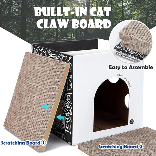 Cardboard Cat House with 2 Story Scratch Pads - Cat Play House for Indoor Cats - Corrugated Scratcher Box - Hideout for Small Animals