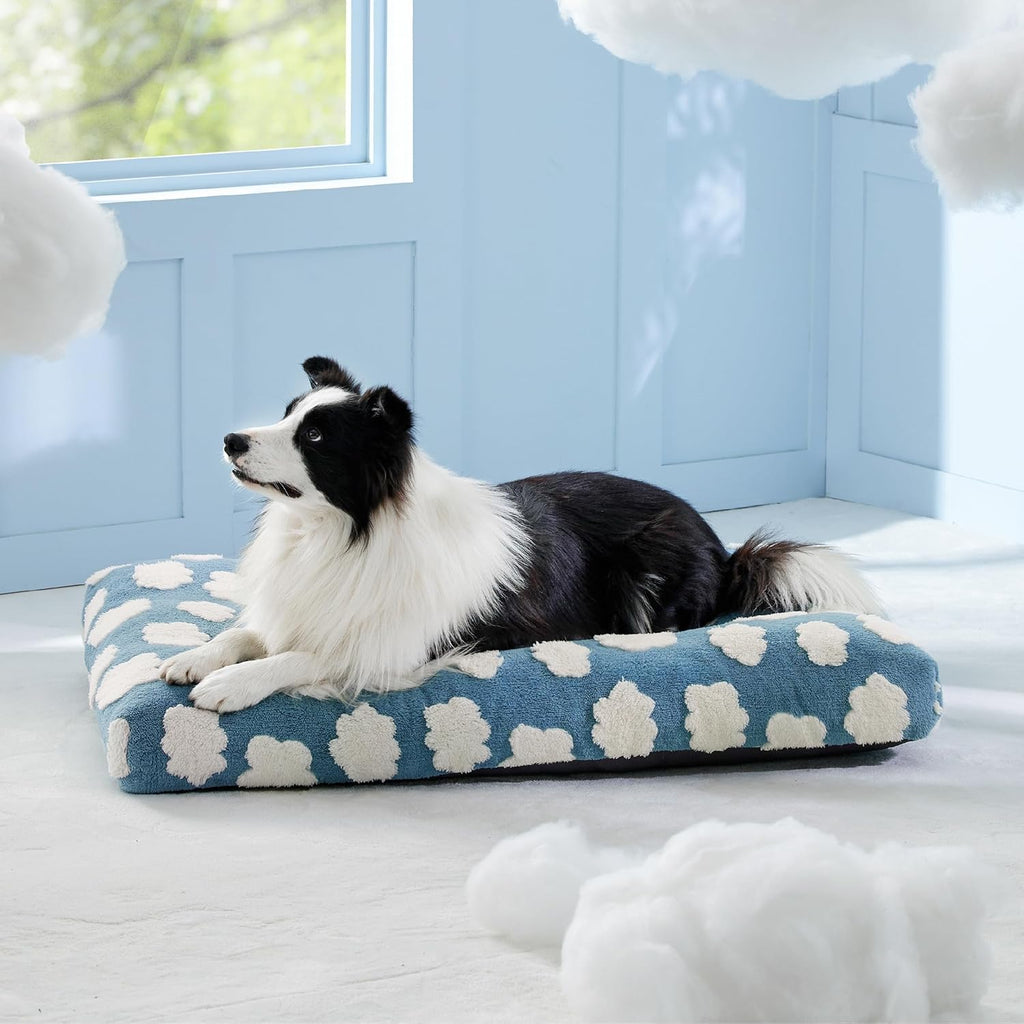 Cute Large Dog Bed for Crate-Thick Shredded Chopped Foam Pet Bed Indoor with Removable Washable Cover, Modern Fuzzy Plush & anti Slip Bottom, Blue