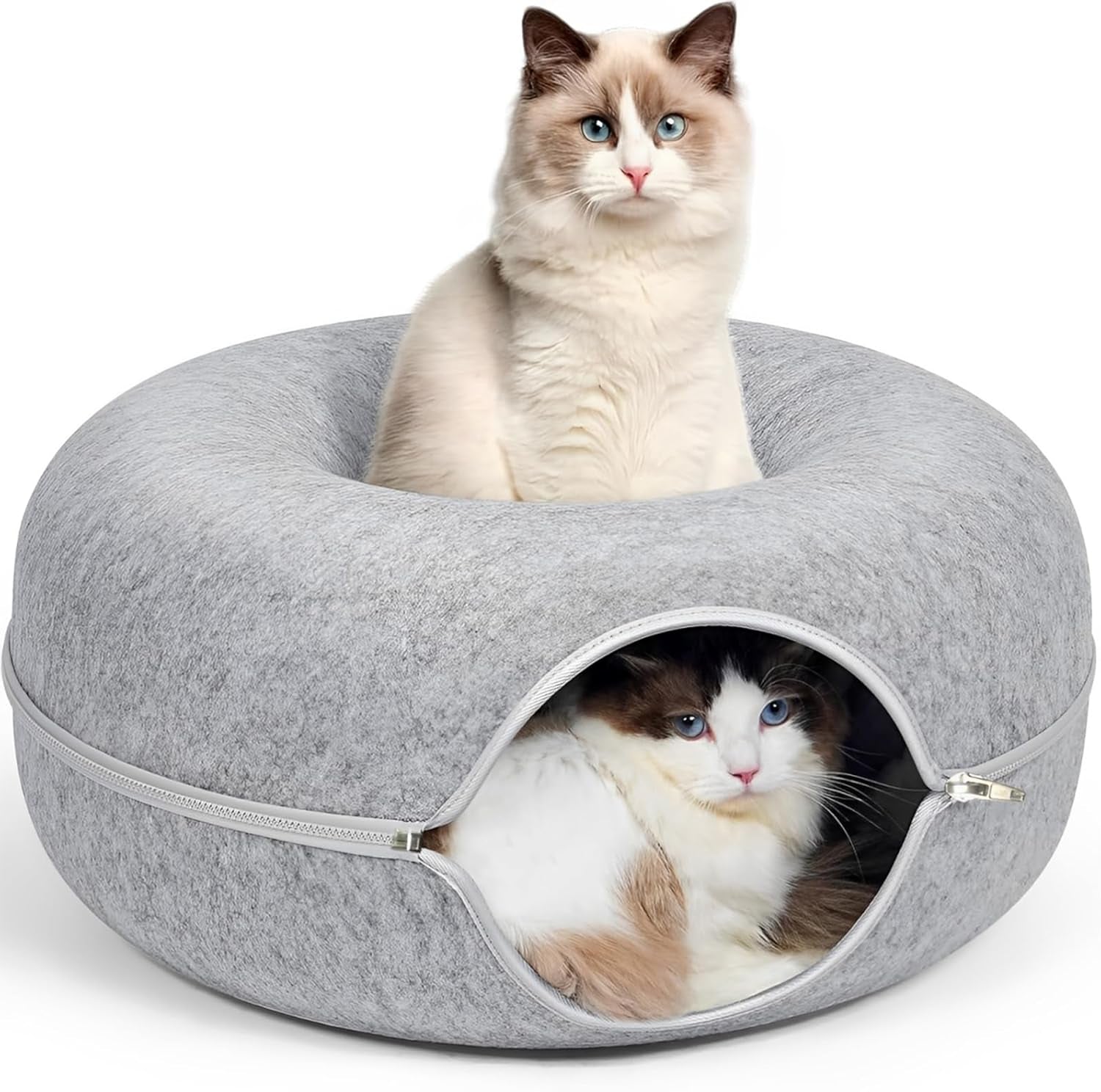 24Inch-Tunnel Bed for Indoor,Cattasaurus Peekaboo Cat Cave for Multiple,Detachable Felt Felt Washable Interior for Indoor Cats,Donut Tunnel (Light Gray)