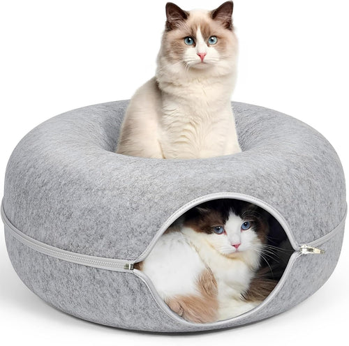 24Inch-Tunnel Bed for Indoor,Cattasaurus Peekaboo Cat Cave for Multiple,Detachable Felt Felt Washable Interior for Indoor Cats,Donut Tunnel (Light Gray)