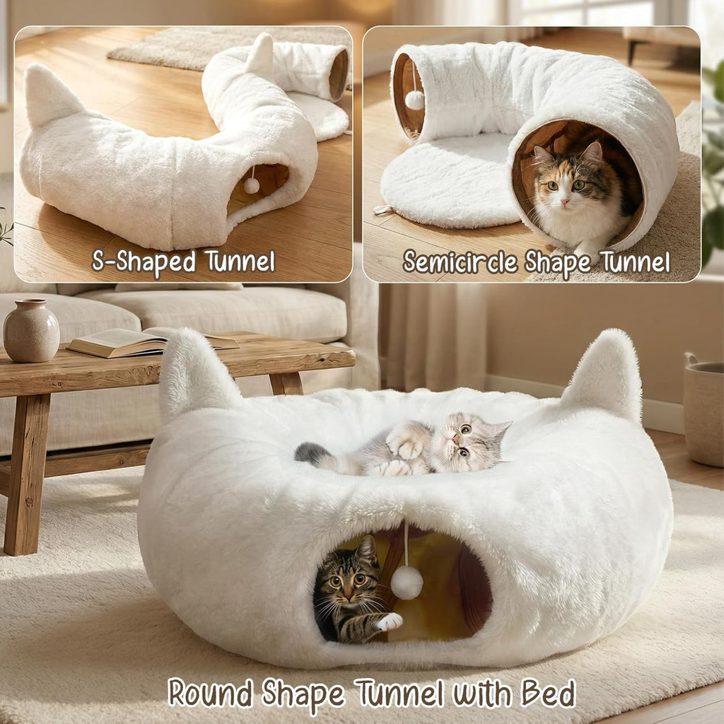 Cat Tunnel Bed for Indoor Cats, Soft Plush round Peekaboo Cat Bed Cave with Washable Cushion, under Cristmas Tree Cat Donut Tunnel Toys for Kitten Rabbit Puppy (White)