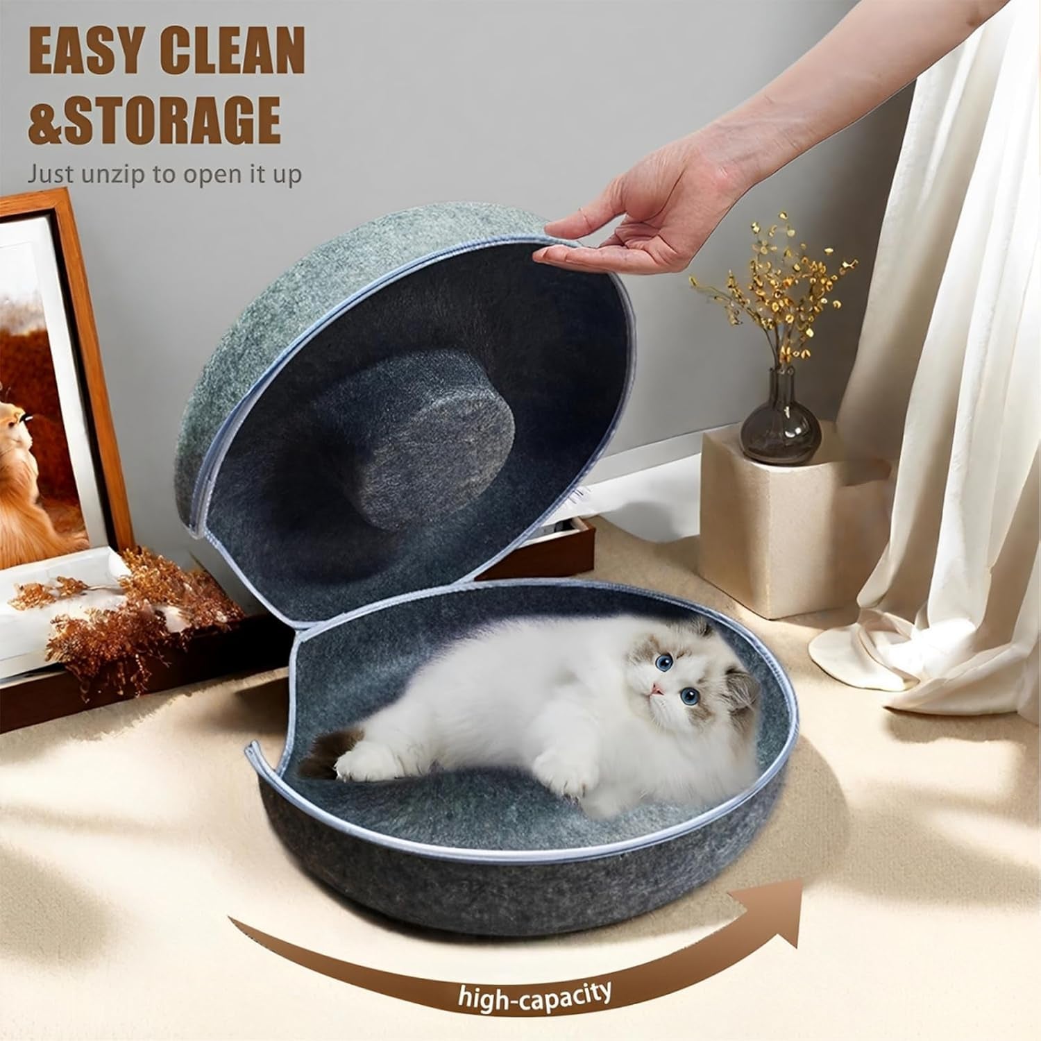 24Inch-Tunnel Bed for Indoor,Cattasaurus Peekaboo Cat Cave for Multiple,Detachable Felt Felt Washable Interior for Indoor Cats,Donut Tunnel (Light Gray)