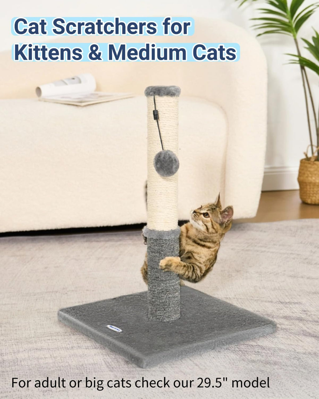 Cat Scratching Post, Cat Scratcher for Indoor Cats, Sisal Scratching Post & Carpet Post in One, Stable Kitten Scratching Post with Replaceable Toy, Extra Free Toy, Light Gray
